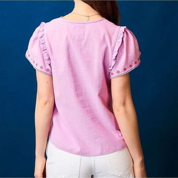 Umgee Floral Embroidered Tie Neck SS Blouse Pink Ruffle Top Medium - Picture 5 of 6